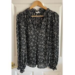 Max Studio Long Sleeve Top Black with Floral Print Split Neckline Size XS